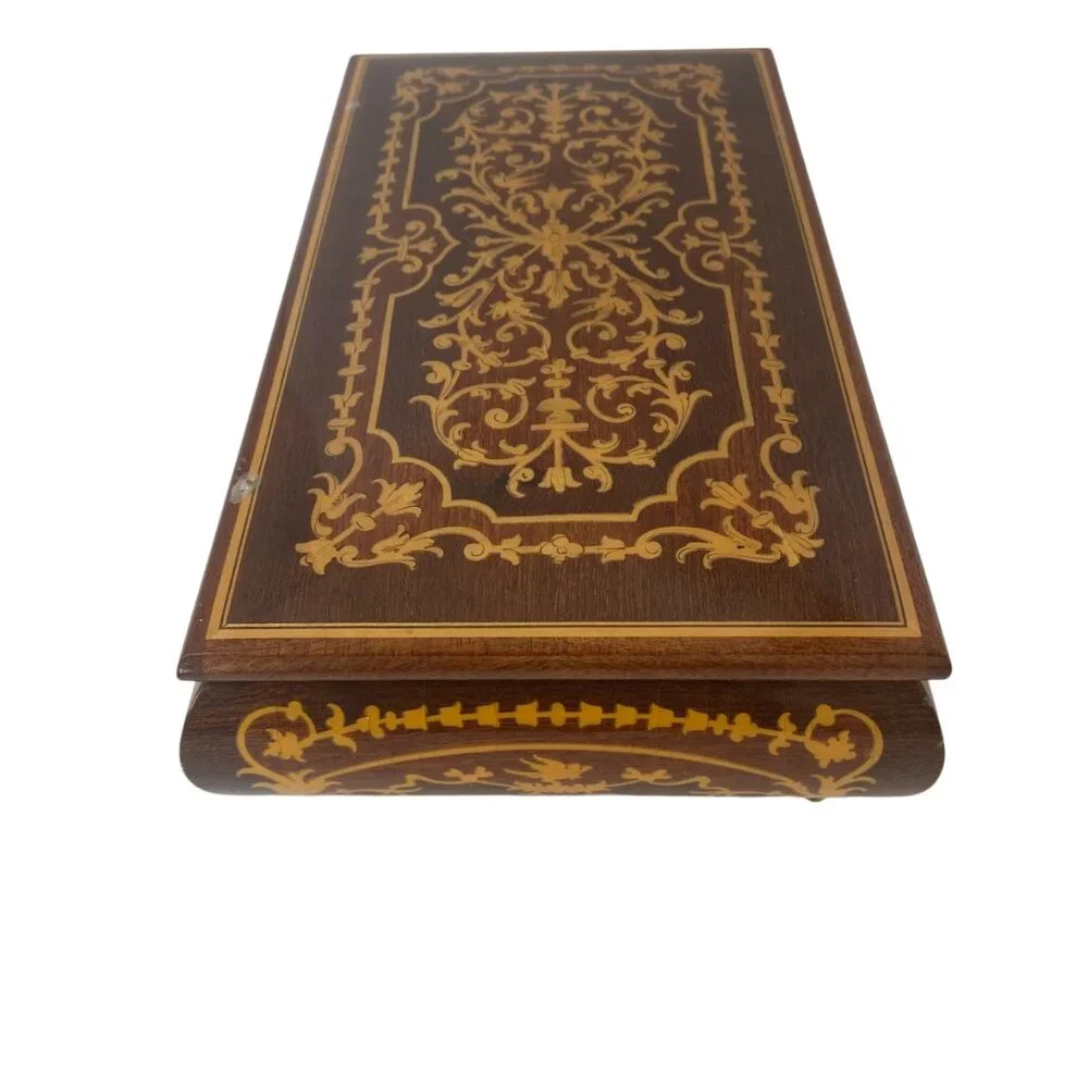 Vintage Wooden Inlaid Music Jewelry Box Ornate‎ Floral Design Red Velvet MCM